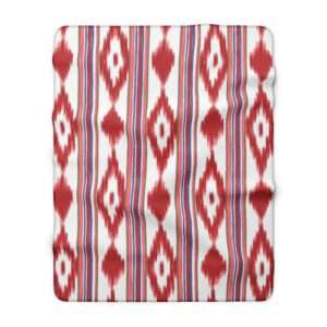 Red Ikat Sherpa Blanket  Cozy Boho Fleece Throw for Living Room