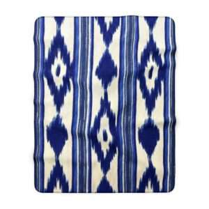 Blue Ikat Sherpa Blanket Cozy Boho Fleece Throw for Living Room