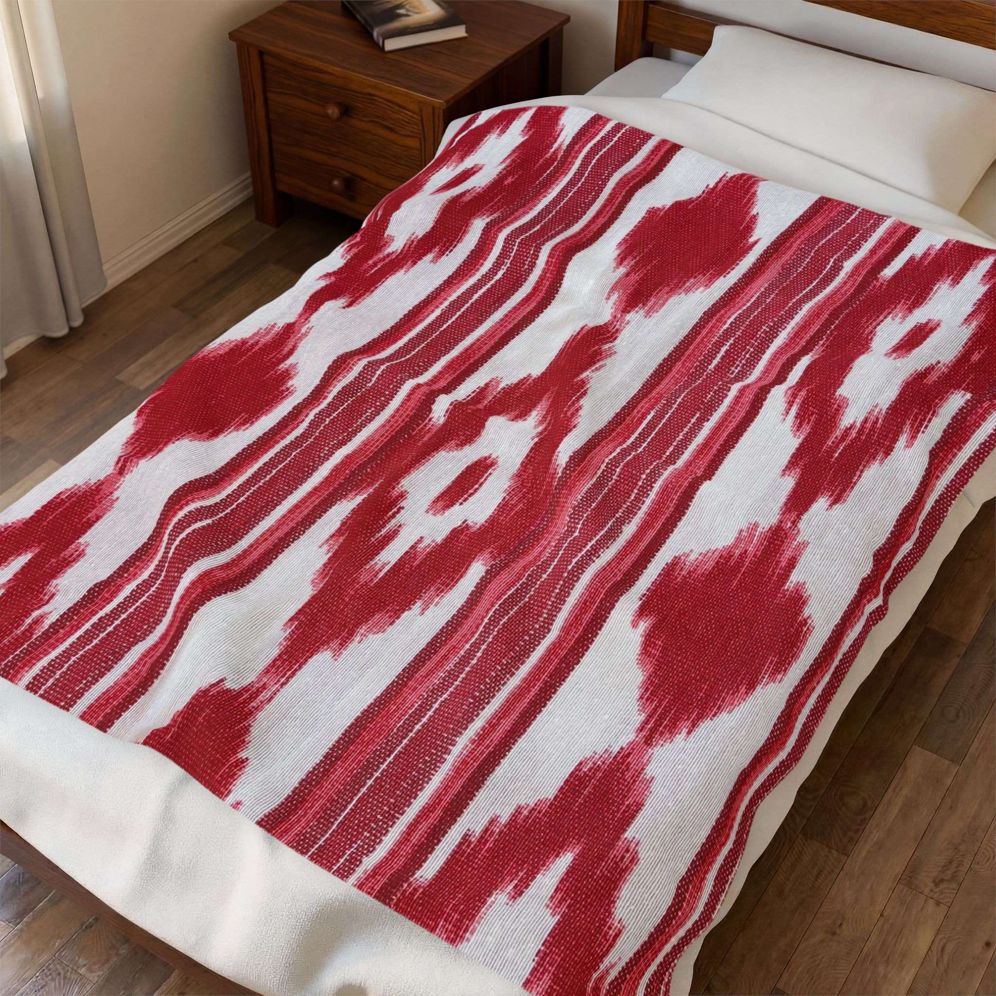 Velveteen Plush Blanket - Mallorca Ikat Design Red Velveteen Plush Blanket - Mallorca Ikat Design Red – Bild 3