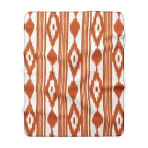 Orange Ikat Sherpa Blanket Cozy Boho Fleece Throw for Living Room