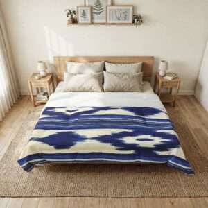 Blue Ikat Stripe Cotton Comforter | Southwestern Geometric Bedding - Design from Mallorca