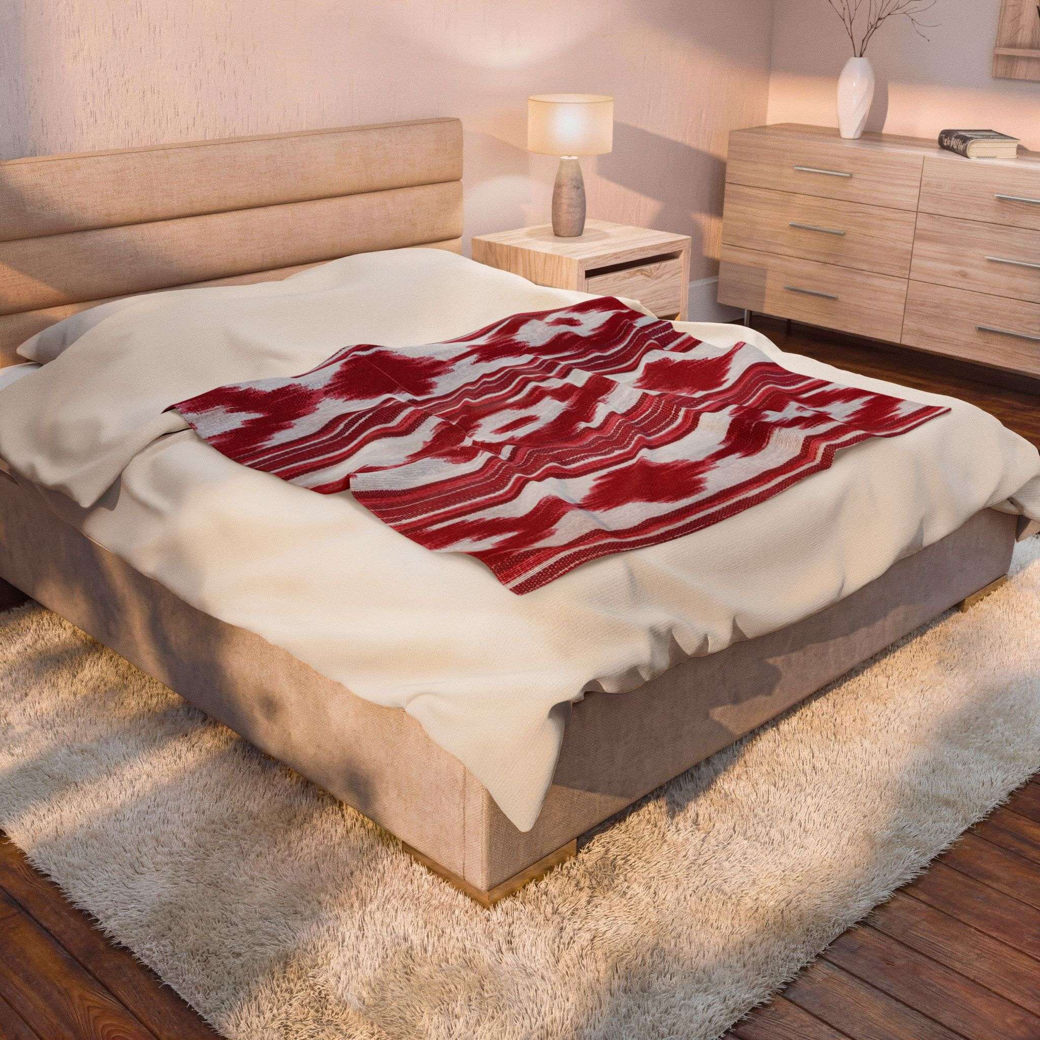 Velveteen Plush Blanket - Mallorca Ikat Design Red Velveteen Plush Blanket - Mallorca Ikat Design Red – Bild 4