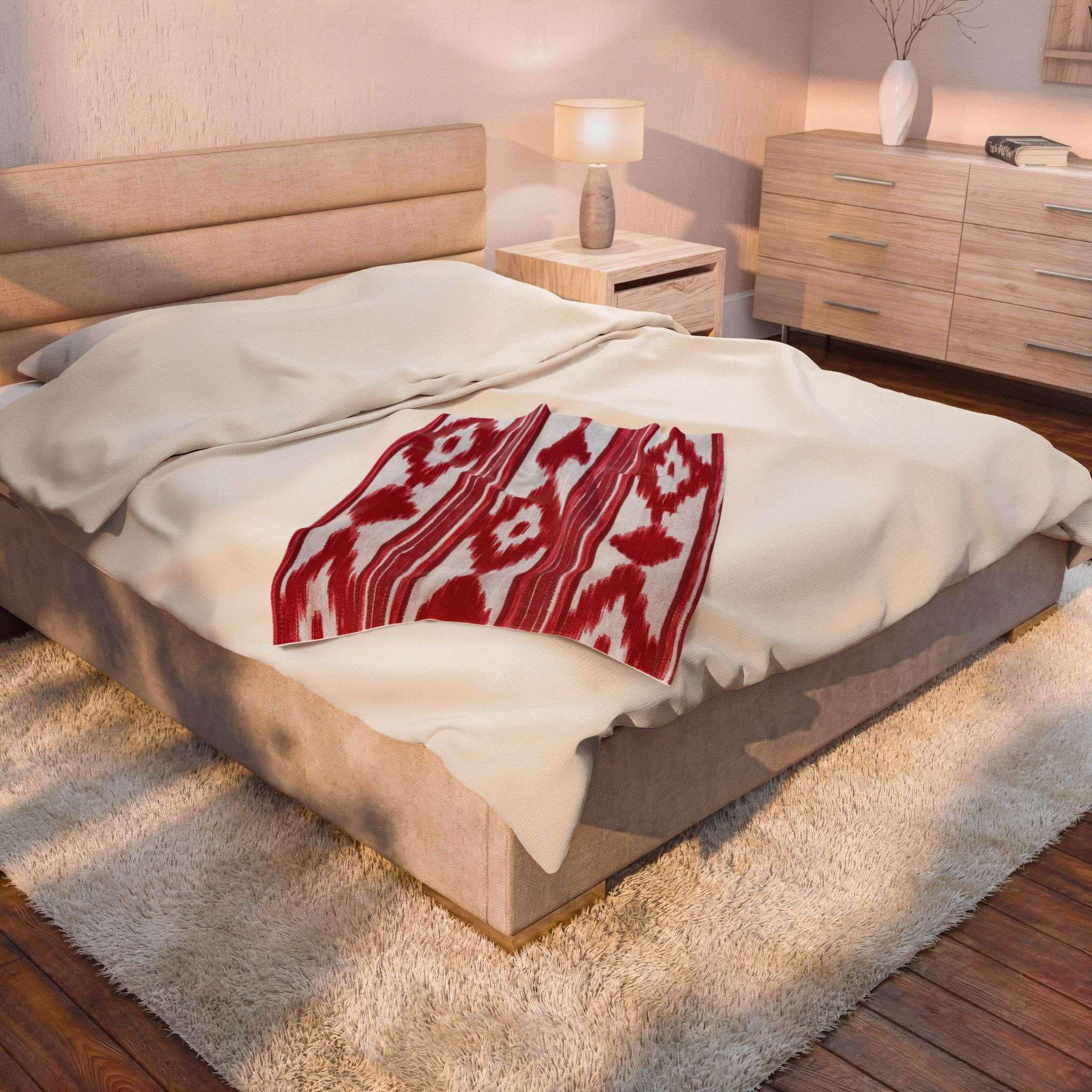 Velveteen Plush Blanket - Mallorca Ikat Design Red Velveteen Plush Blanket - Mallorca Ikat Design Red – Bild 9